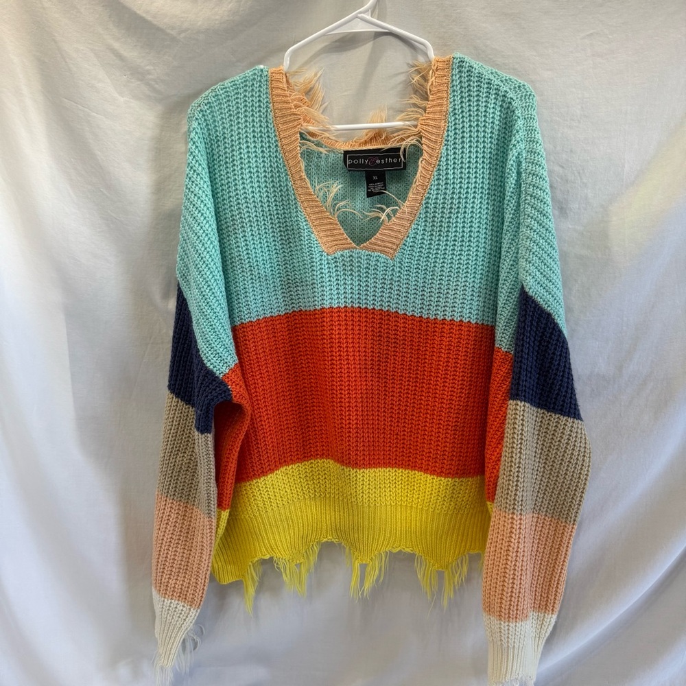 Polly & Esther Women’s Oversized Multicolor V-Neck Cropped Knit Sweater XL